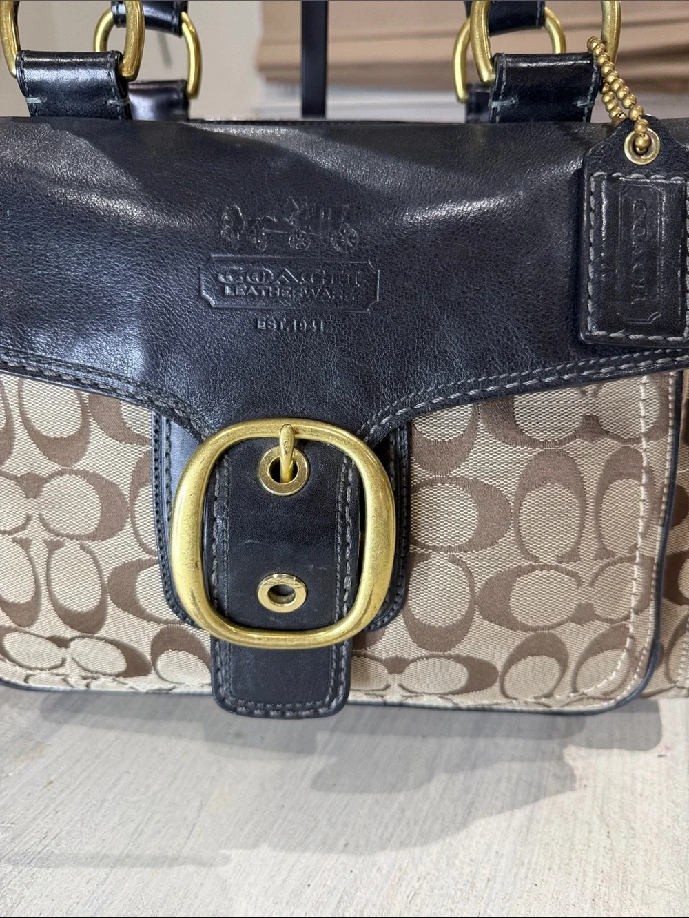 Y2K Large Coach Bleeker Buckle Flap Signature Canvas and Leather Shopper Tote